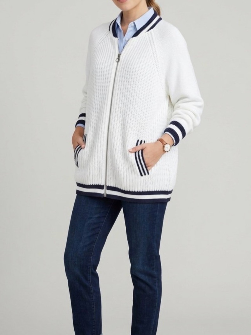 Varsity White Preppy Cardigan Bomber With Striped Navy by CJ Banks 1X Y2K Cozy